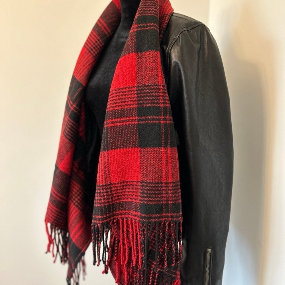 (M) Jolt Red and Black Plaid Faux Leather Jacket